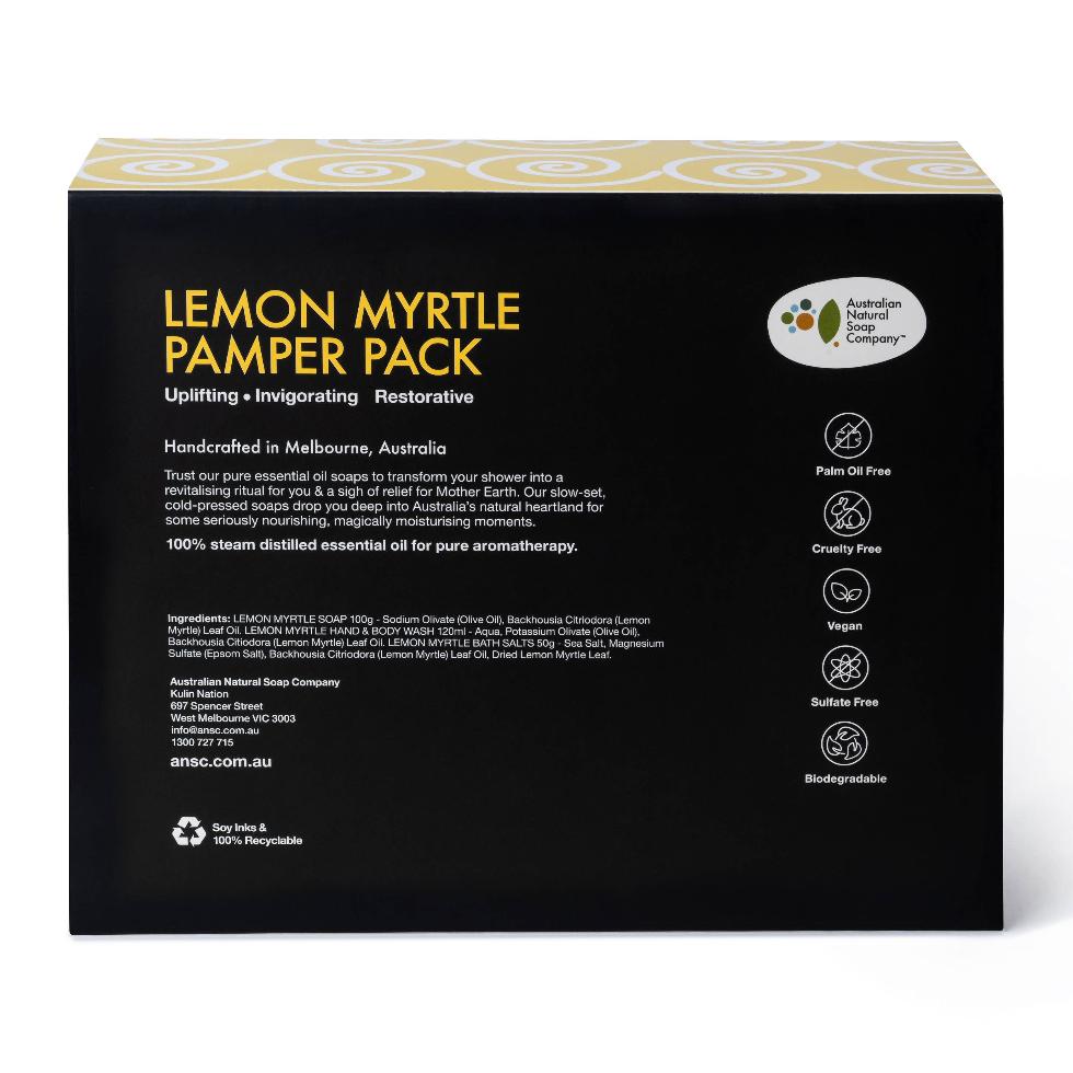 Lemon Myrtle Pamper Pack Box Back - Australian Natural Soap Co at Cow & Coconut